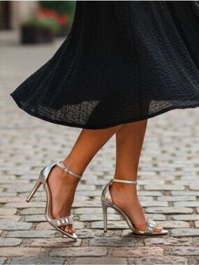 Crystal Embellished Silver High Heel Sandals With Ankle Strap Closure For Women